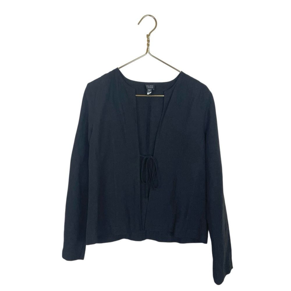 Eileen Fisher Black Front Tie Linen Cardigan Top
